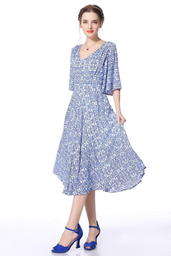 Blue & White Porcelain V Neck Vintage Swing Dress