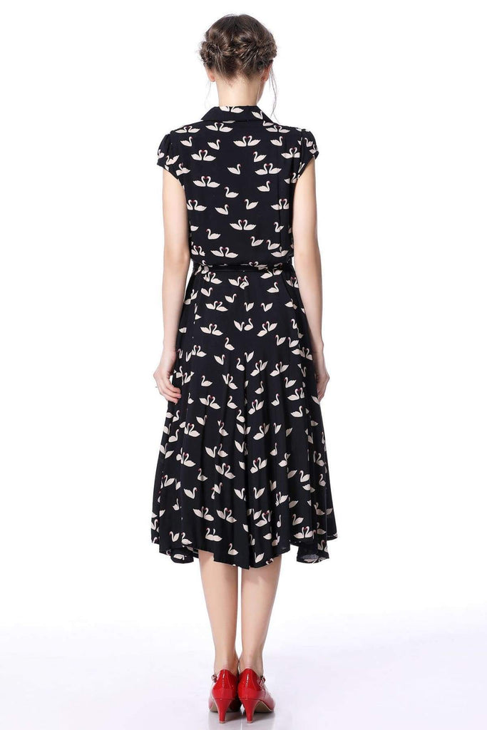 Dark Navy Swan Print Collared Cotton Rayon Vintage Dress