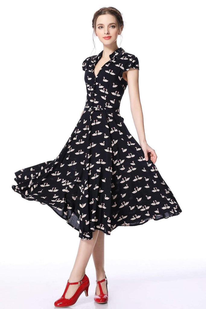 Dark Navy Swan Print Collared Cotton Rayon Vintage Dress