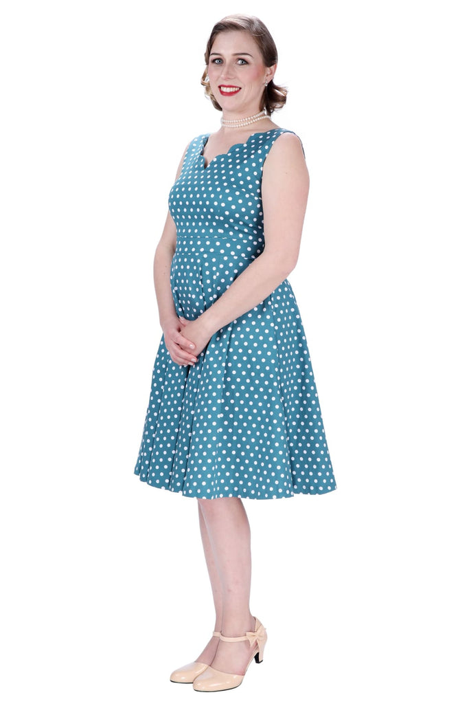 Gorgeous Green and White Polka Dot Scallop Neckline A Line Dress