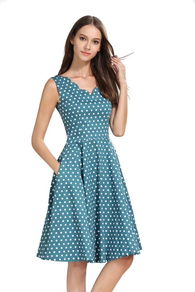 Gorgeous Green and White Polka Dot Scallop Neckline A Line Dress