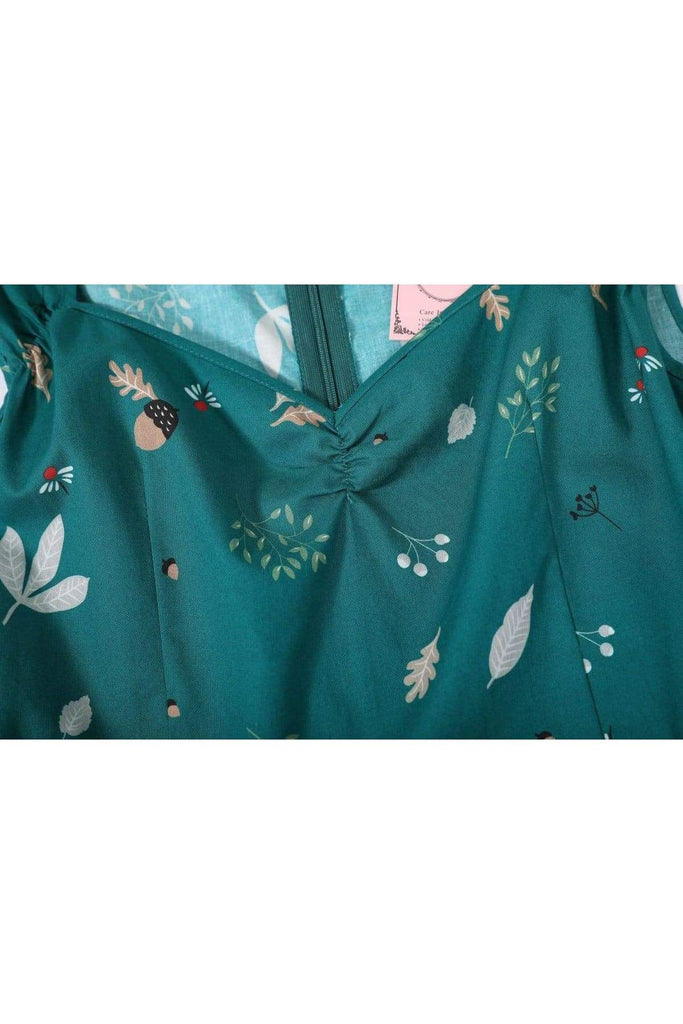 Green Sweetheart Acorn & Leaves A Line Cotton Dress with Pockets