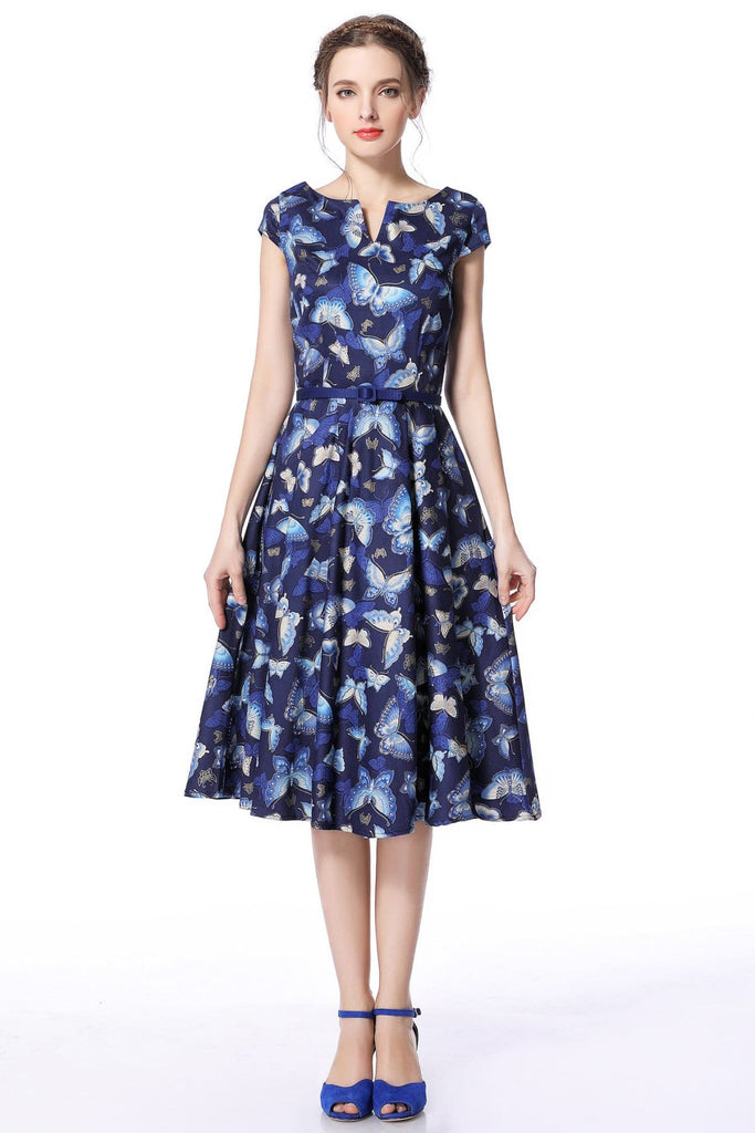 Navy Blue Butterfly V Neck Vintage Dress